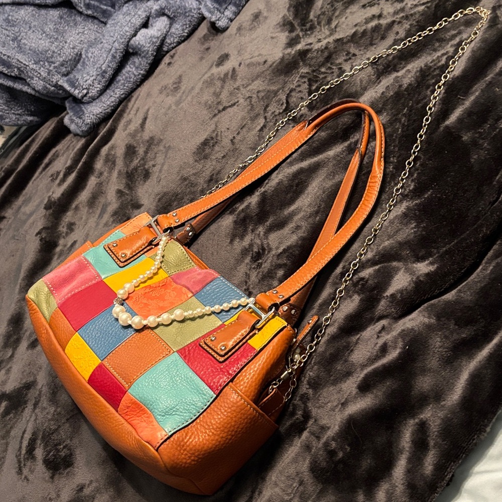 FINALPRIZE🔥Fossil Colorful Patchwork Leather Shoulder Bag has chain with pearls - Picture 14 of 15